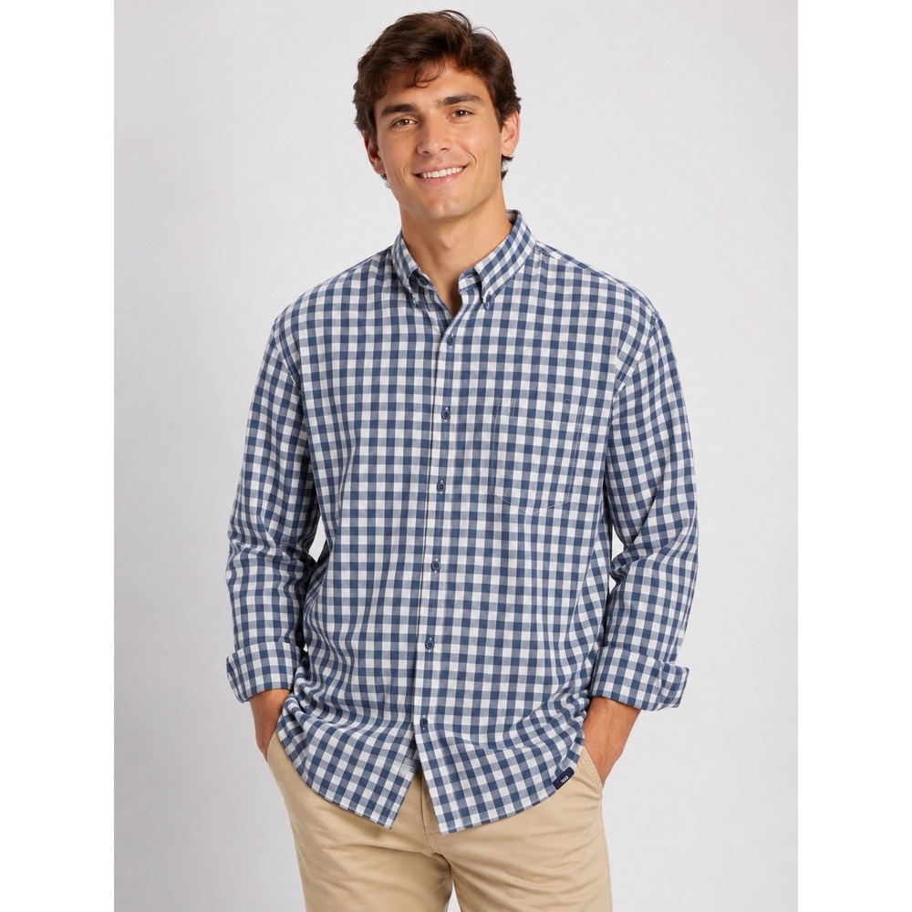 IZOD Saltwater Mens XXL Blue White Gingham Plaid Button Front Shirt Cotton